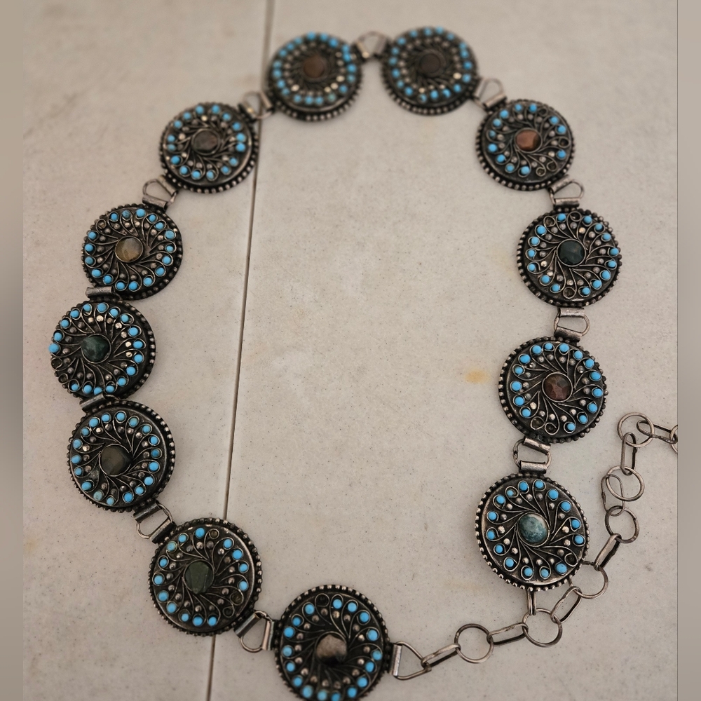 Medallian Chain Belt With Stones & Turquoise Color Beads Silver Tone 40" Length